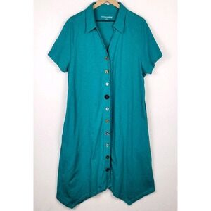 Soft Surroundings Danielle Dress Womens Plus 2X Teal Cotton Button Front Pockets